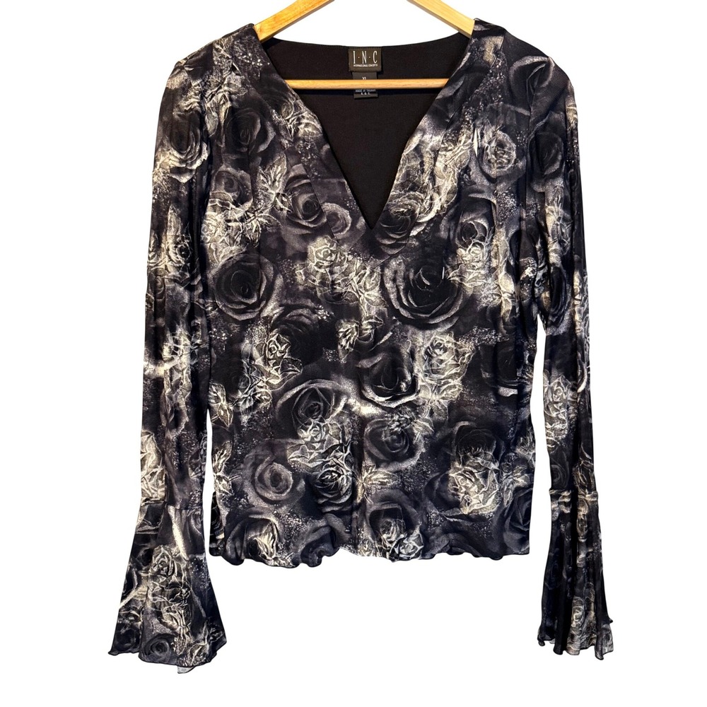 Vintage Y2K INC Rose Print Mesh Bell Sleeve V-Neck Top XL Whimsigoth Goth